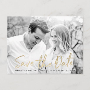 Modern White Marble Gold Script Save The Date Announcement Postcard