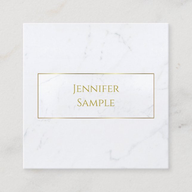 Modern White Marble Gold Text Luxury Professional Square Business Card (Front)