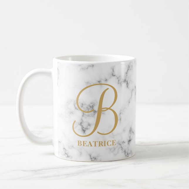 Modern white marble gold typography name monogram coffee mug (Left)