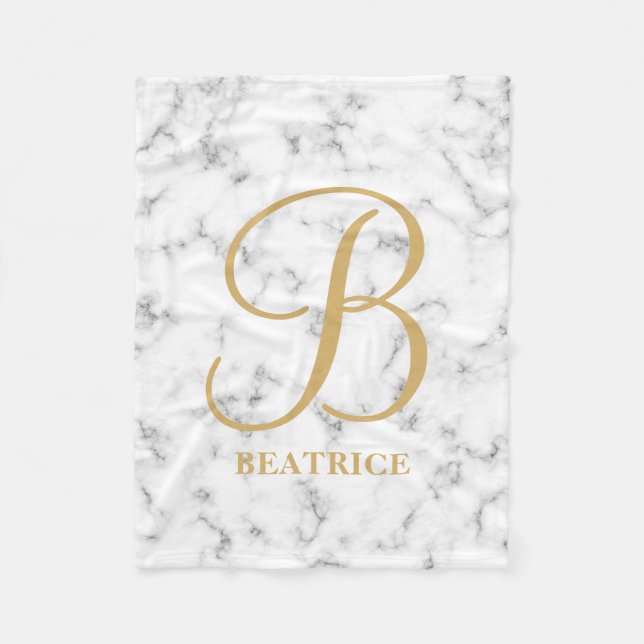 Modern white marble gold typography name monogram fleece blanket (Front)