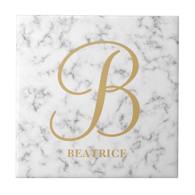 Modern white marble gold typography name monogram tile (Front)