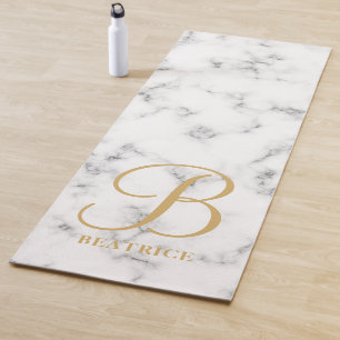 Modern white marble gold typography name monogram yoga mat