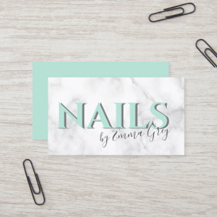 Modern white marble & mint green typography nails business card