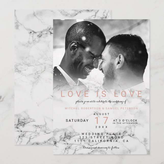 Modern white marble ombre photo gay wedding invitation (Front/Back)