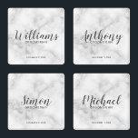 Modern White Marble Personalized Groomsmen Coaster Set<br><div class="desc">Modern Script Personalized Groomsmen Coaster
featuring personalized groomsman's name in grey modern script font style with title and wedding date in modern sans serif font style on white marble background.

Also perfect for Maid of Honour,  Flower Girl,  Mother of the Bride,  Groomsmen,  Best man and more.</div>