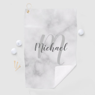 Modern White Marble Personalized Monogram & Name Golf Towel
