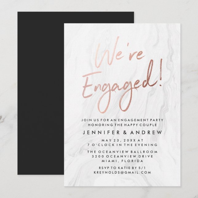 Modern White Marble Rose Gold | Engagement Party Invitation (Front/Back)