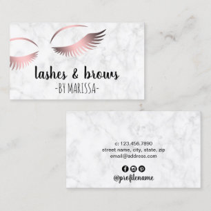 Modern white marble rose gold lashes & brows business card
