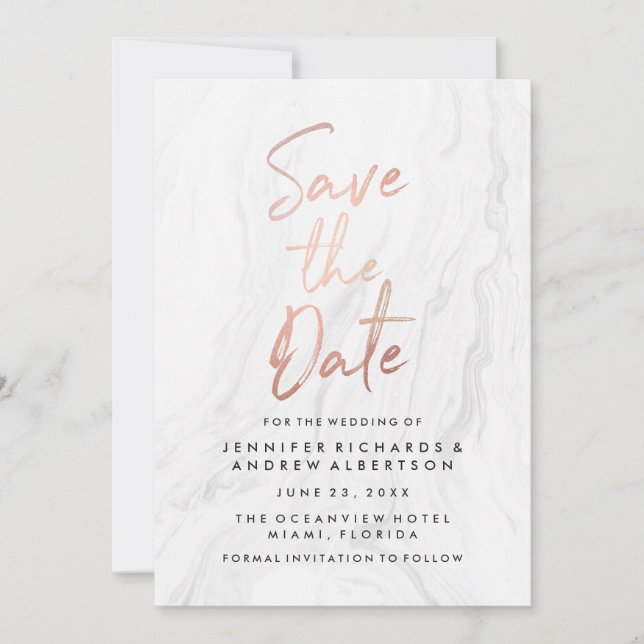 Modern White Marble Rose Gold Script Save The Date (Front)