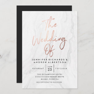 Modern White Marble Rose Gold Script Wedding Invitation