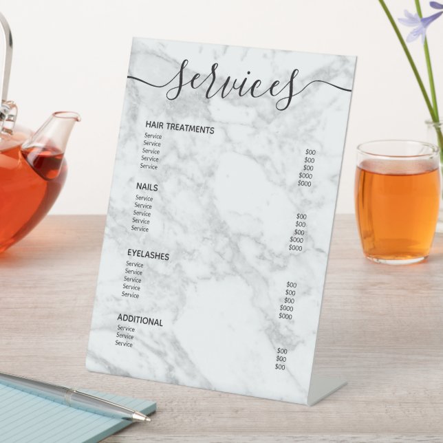Modern White Marble Salon Price List Service Menu Pedestal Sign (In SItu)