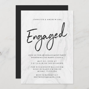 Modern White Marble Script   Engagement Party Invitation