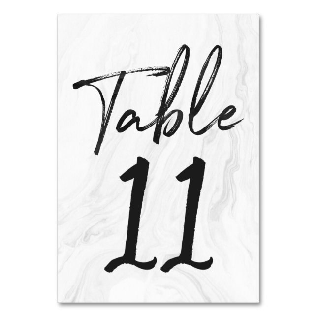 Modern White Marble Script | Table Number Card 11 (Front)