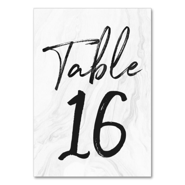Modern White Marble Script | Table Number Card 16 (Front)