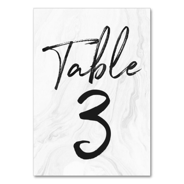 Modern White Marble Script | Table Number Card 3 (Front)