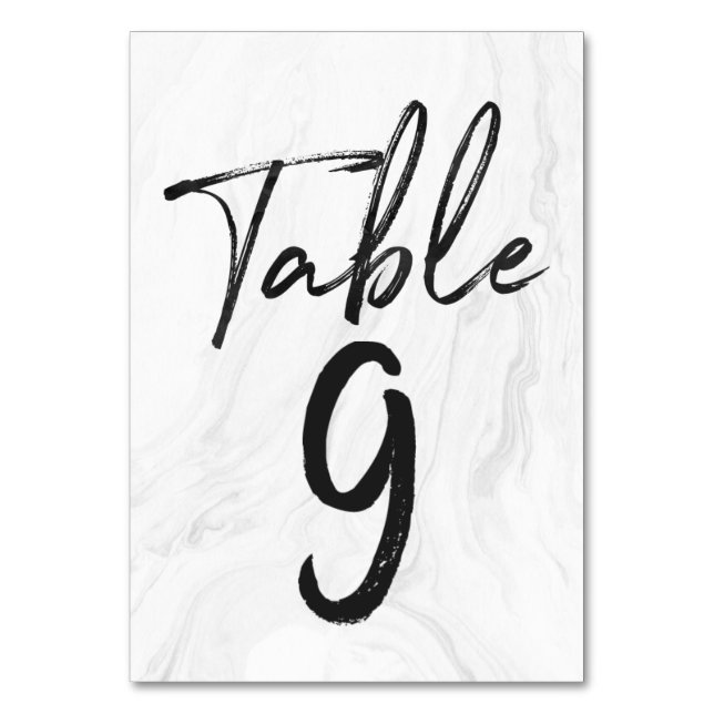 Modern White Marble Script | Table Number Card 9 (Front)