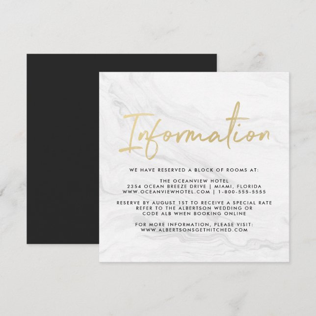 Modern White Marble Script | Wedding Information Invitation (Front/Back)