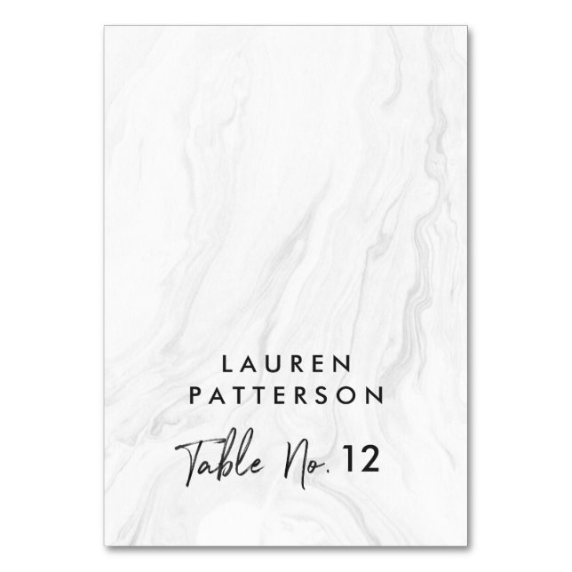 Modern White Marble Script | Wedding Place Table Number (Front)