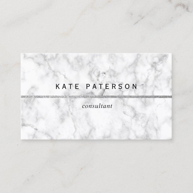 Modern White Marble Silver Glitter Stripe Business Card (Front)