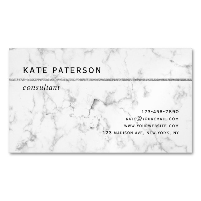 Modern White Marble Silver Glitter Stripe Magnetic Business Card (Front)