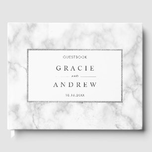 Modern White Marble Silver Glitter Wedding Guest Book