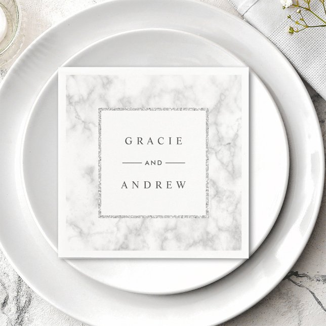Modern White Marble Silver Glitter Wedding Paper Napkin (Creator Uploaded)