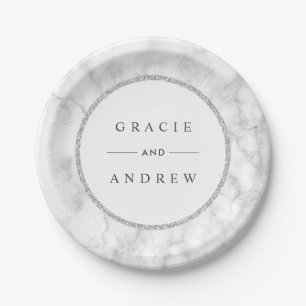 Modern White Marble Silver Glitter Wedding Paper Plate