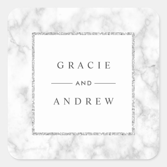 Modern White Marble Silver Glitter Wedding Square Sticker (Front)