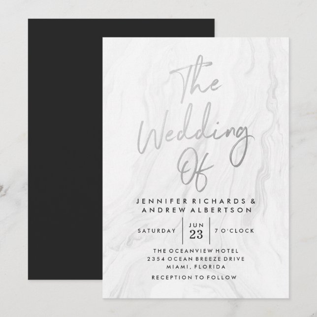 Modern White Marble Silver Script | Wedding Invitation (Front/Back)