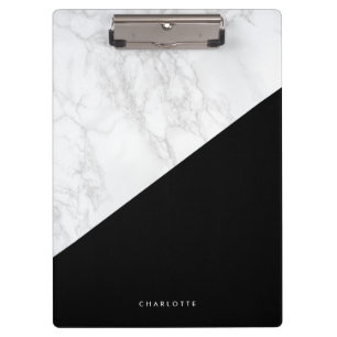 Modern White Marble with Black Block Personalized Clipboard