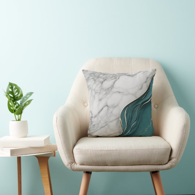 Modern White Marble with Dark Teal and Gold Throw Pillow (Chair)