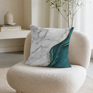 Modern White Marble with Dark Teal and Gold Throw Pillow