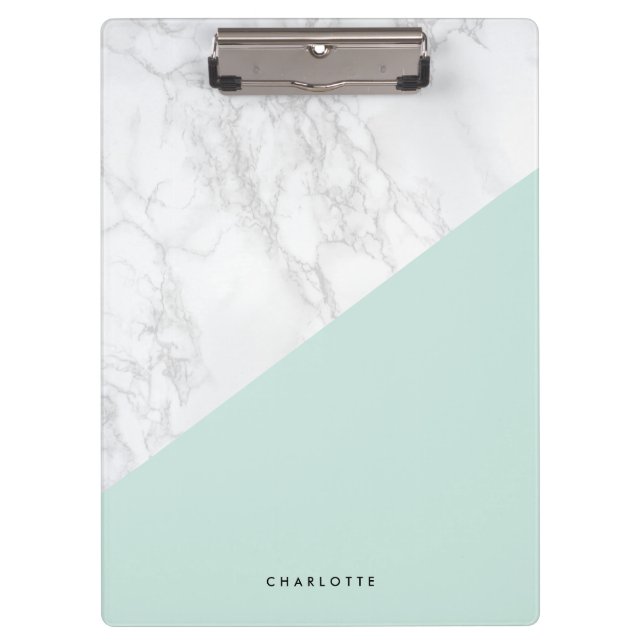 Modern White Marble with Mint Green Block Custom Clipboard (Front)
