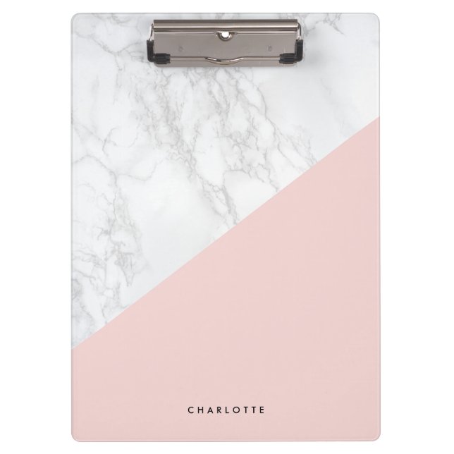 Modern White Marble with Pink Block Custom Clipboard (Front)