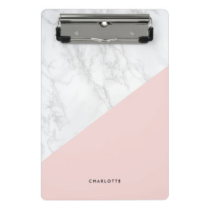 Modern White Marble with Pink Block Personalized Mini Clipboard