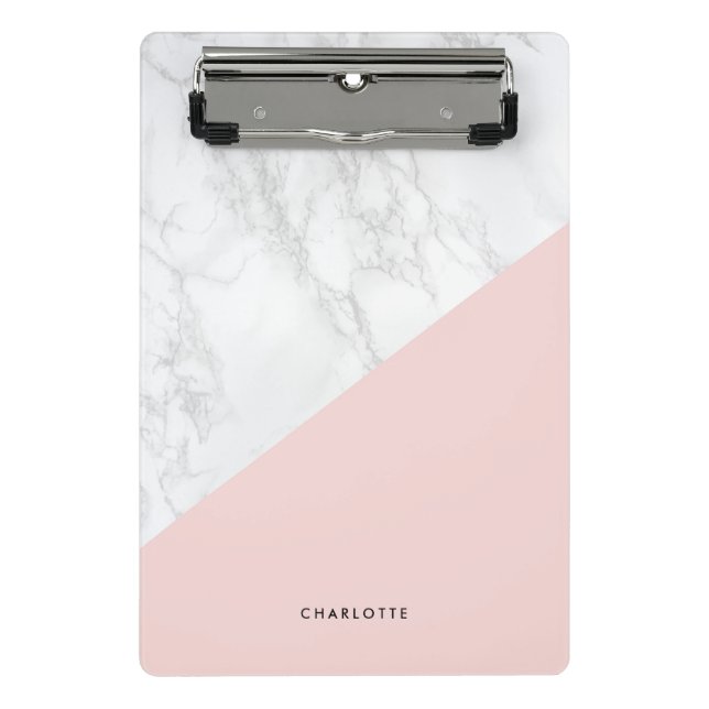Modern White Marble with Pink Block Personalized Mini Clipboard (Front)