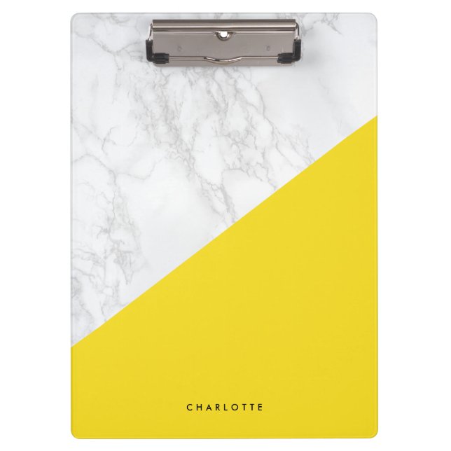 Modern White Marble with Yellow Block Personalized Clipboard (Front)