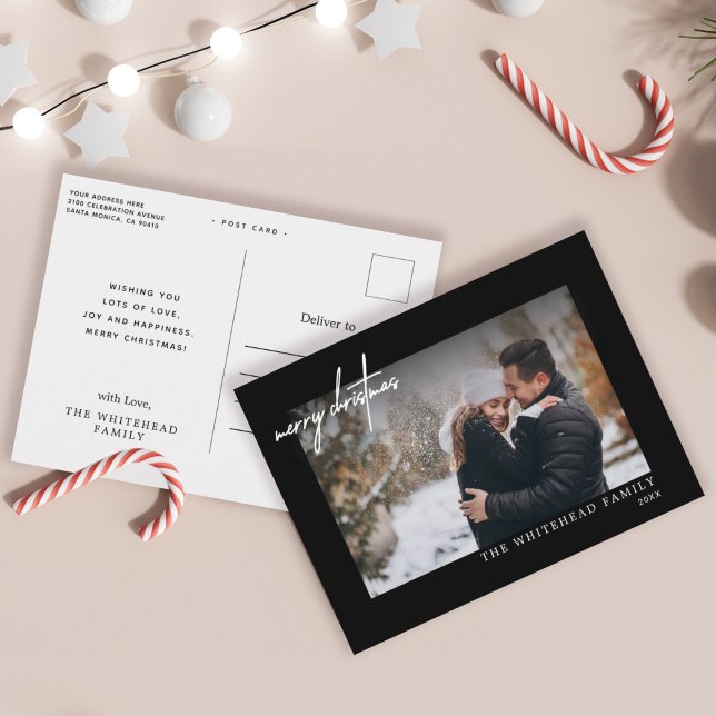 Modern White Merry Christmas Lettering Photo Black Postcard (Creator Uploaded)