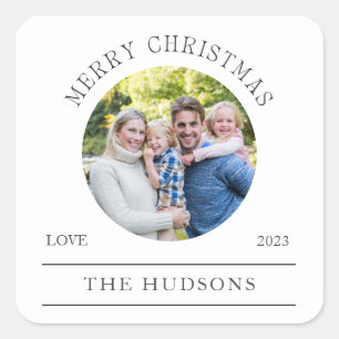 Modern White Merry Christmas Round Photo Square Sticker