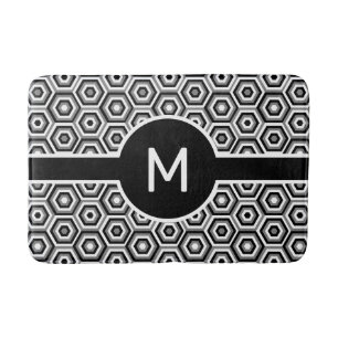Modern White Monogram on Black and White Geometric Bath Mat