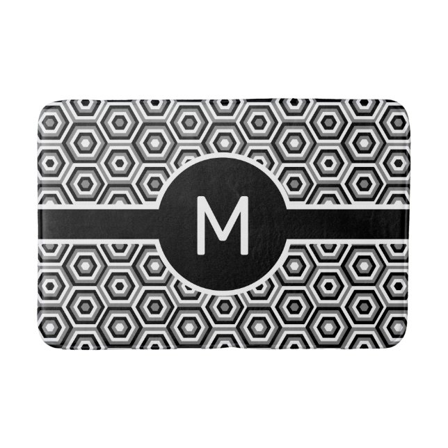 Modern White Monogram on Black and White Geometric Bath Mat (Front)