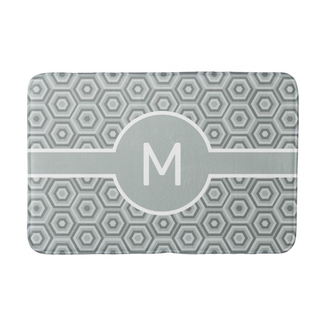 Modern White Monogram on Grey Geometric Bath Mat (Front)
