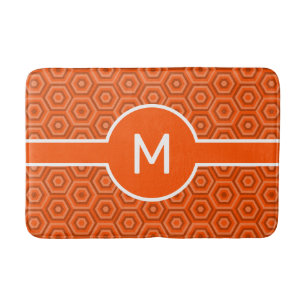 Modern White Monogram on Orange Geometric Bath Mat