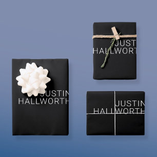Modern White Name or other Text on Black Wrapping Paper Sheet