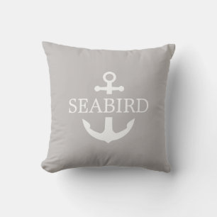 Modern White Nautical Anchor & Boat Name. Taupe Outdoor Pillow