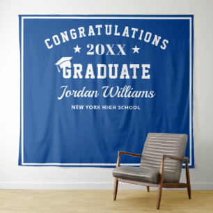 Modern White Navy Blue Graduation Photo Backdrop Tapestry