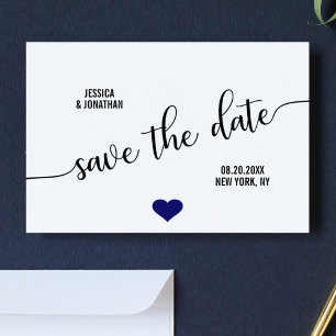 Modern White Navy Blue Heart Wedding SAVE THE DATE Announcement Postcard