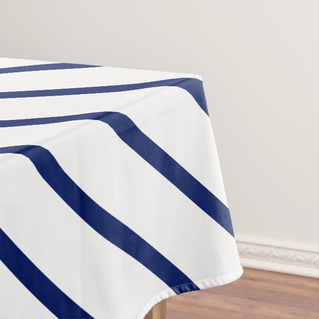 Modern white & navy blue oblique stripes pattern tablecloth (In Situ)