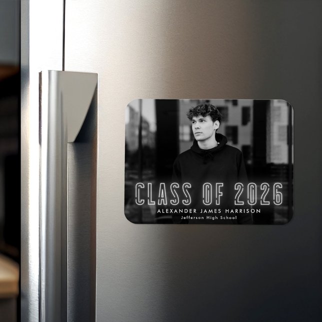 Modern White Neon Class of 2025 Photo Graduation Magnet (Creator Uploaded)