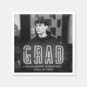 Modern White Neon Photo Graduation Napkin
